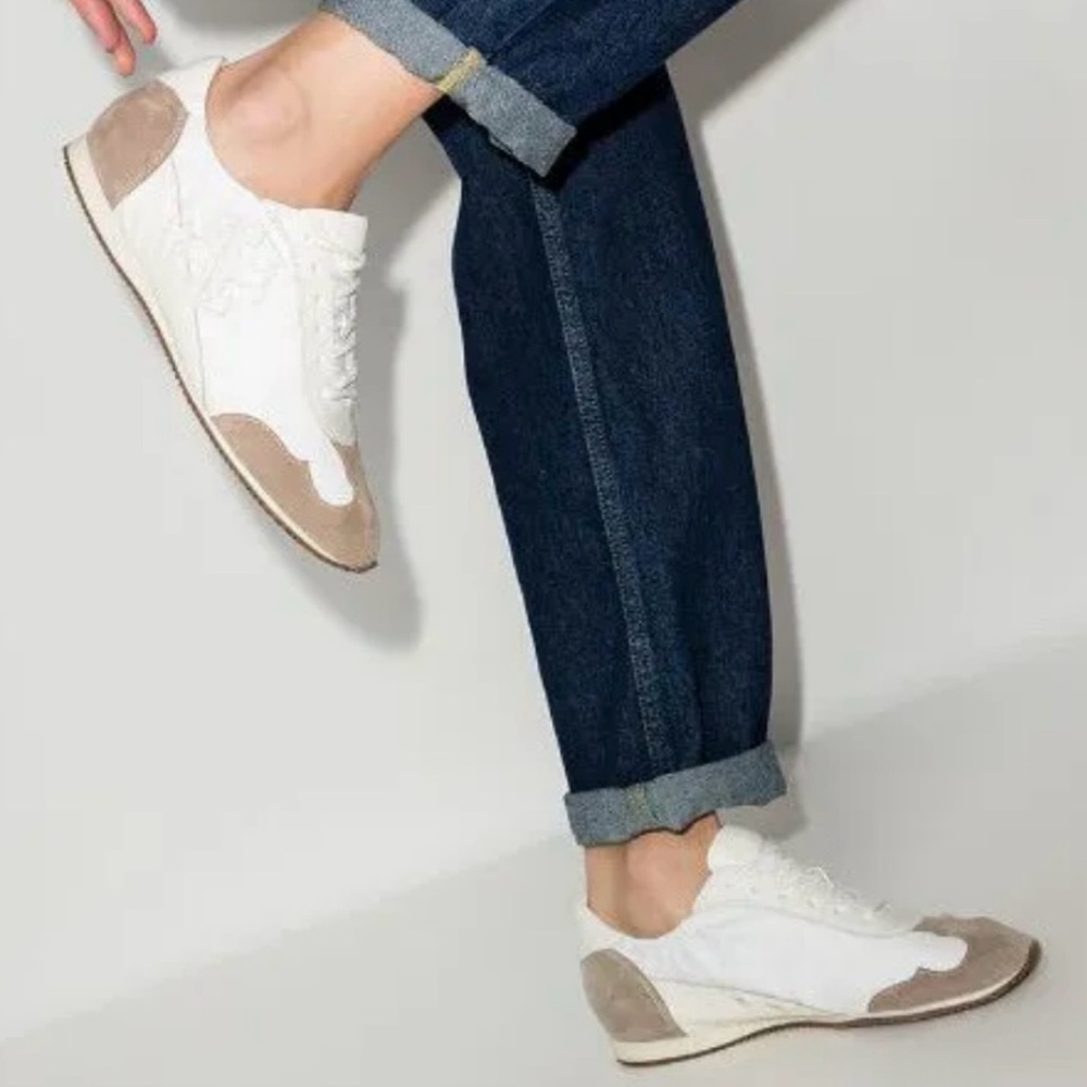 Tory Burch White and Beige Suede-Trim Sneakers - Picture 2 of 14